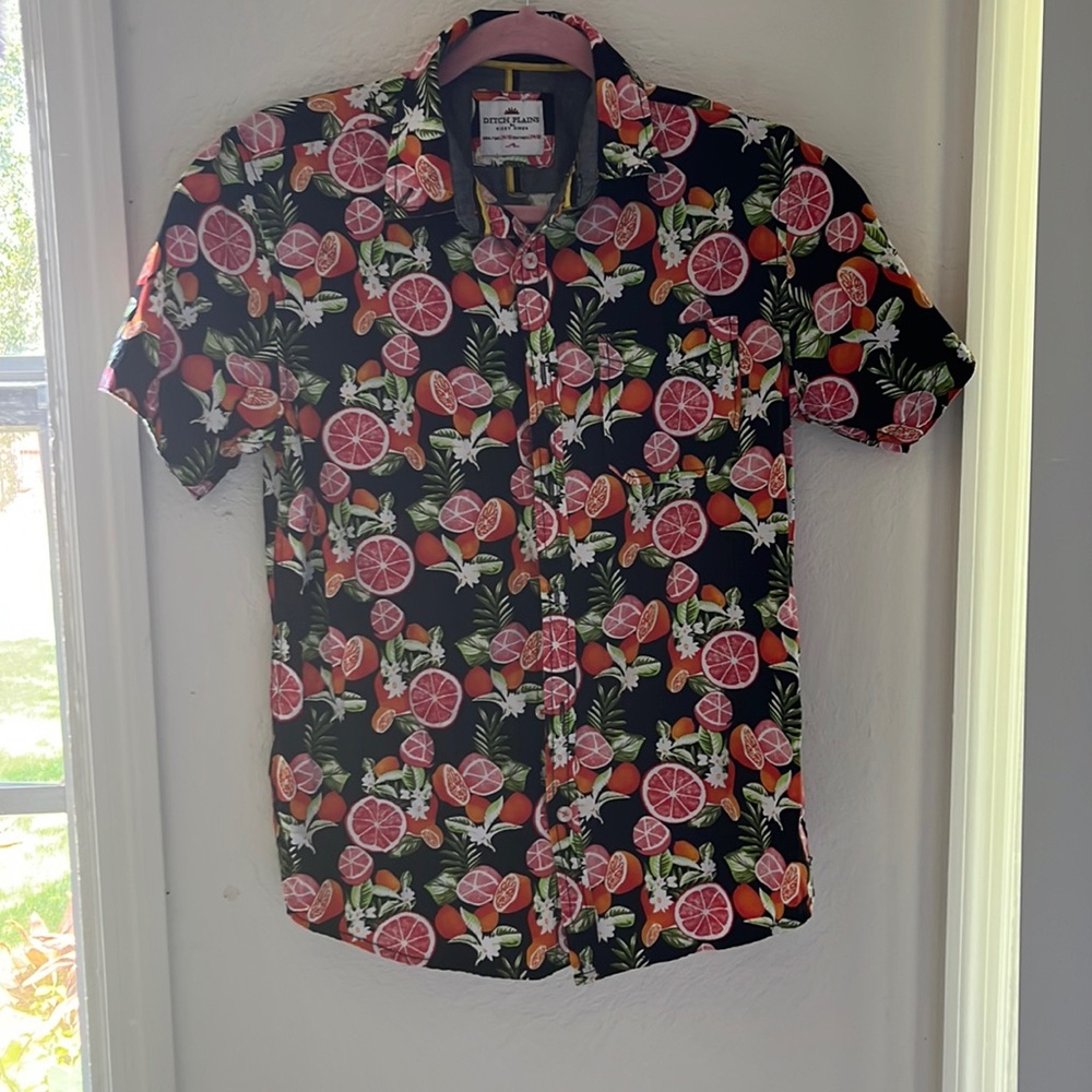 Black, fruit print, button down top